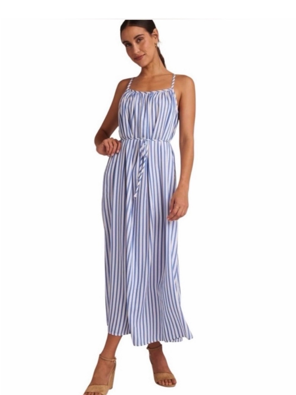 Bella Dahl Bahia Stripe Cami Maxi Dress Belted Tie Waist Blue White L